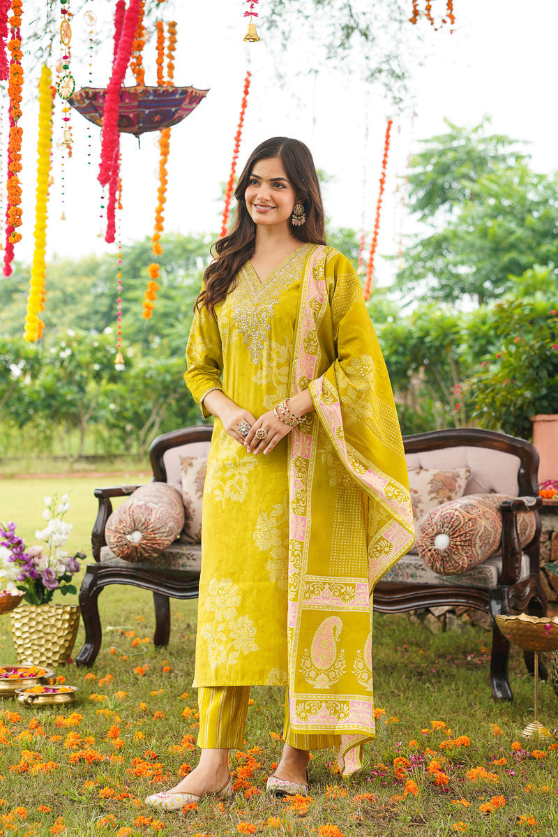 Yellow Poly Chanderi Floral Embroidered Straight Kurta Trousers With Dupatta | SHOBITAM