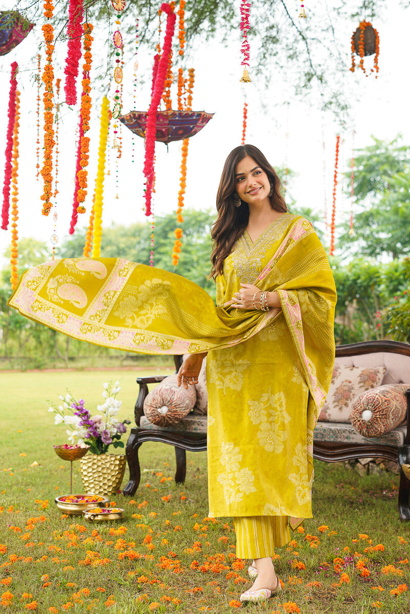 Yellow Poly Chanderi Floral Embroidered Straight Kurta Trousers With Dupatta | SHOBITAM