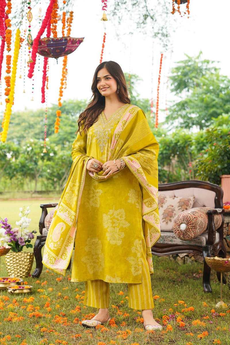 Yellow Poly Chanderi Floral Embroidered Straight Kurta Trousers With Dupatta | SHOBITAM