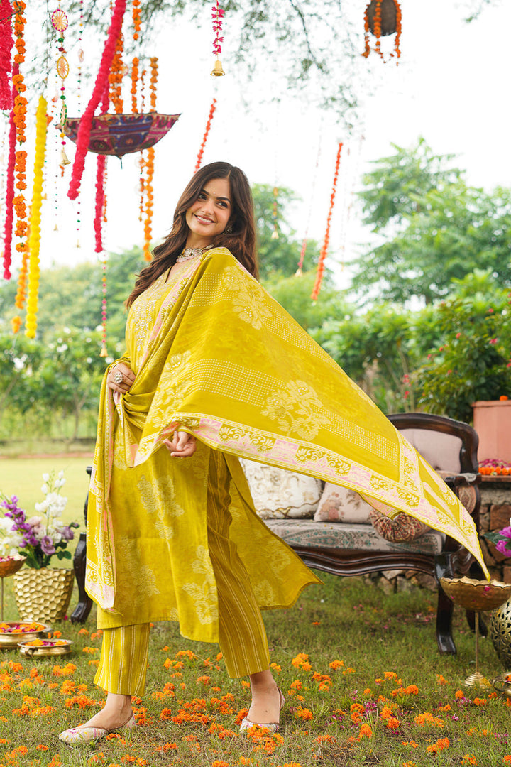Yellow Poly Chanderi Floral Embroidered Straight Kurta Trousers With Dupatta | SHOBITAM