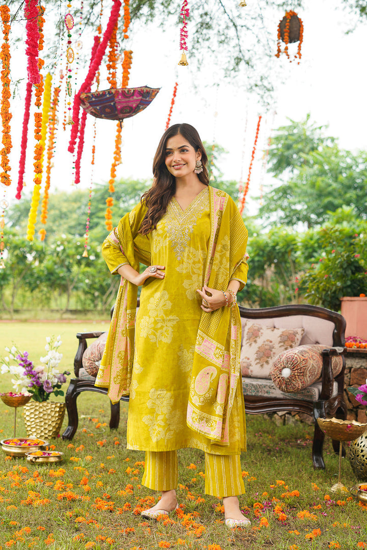 Yellow Poly Chanderi Floral Embroidered Straight Kurta Trousers With Dupatta | SHOBITAM