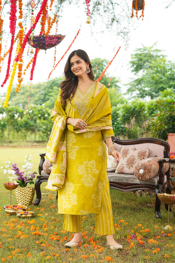 Yellow Poly Chanderi Floral Embroidered Straight Kurta Trousers With Dupatta | SHOBITAM