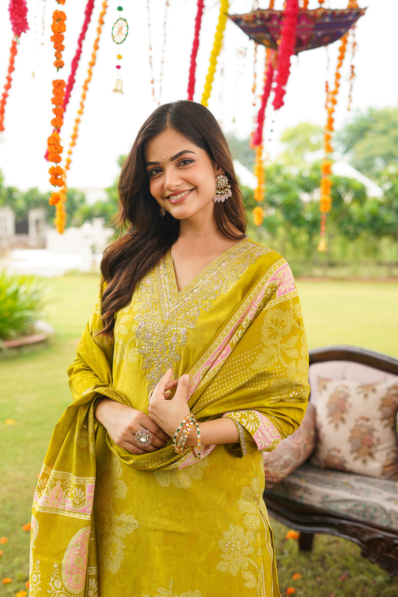 Yellow Poly Chanderi Floral Embroidered Straight Kurta Trousers With Dupatta | SHOBITAM