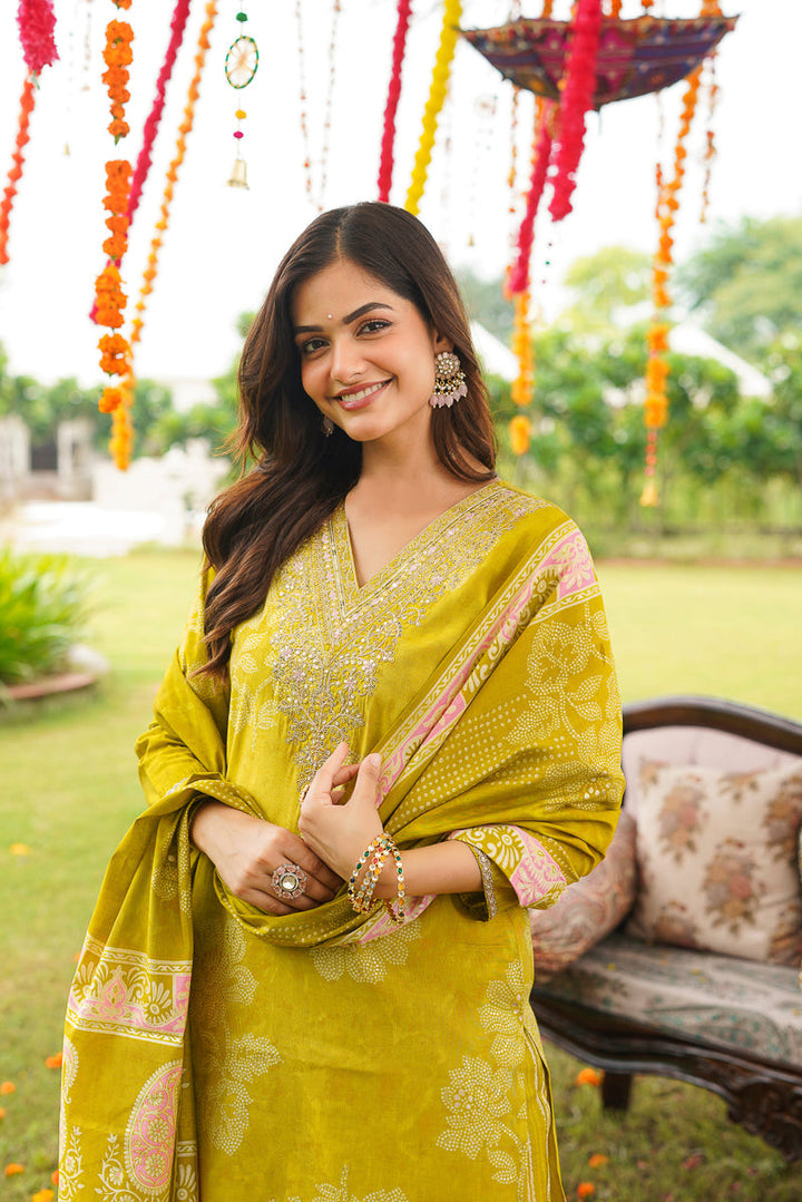 Yellow Poly Chanderi Floral Embroidered Straight Kurta Trousers With Dupatta | SHOBITAM