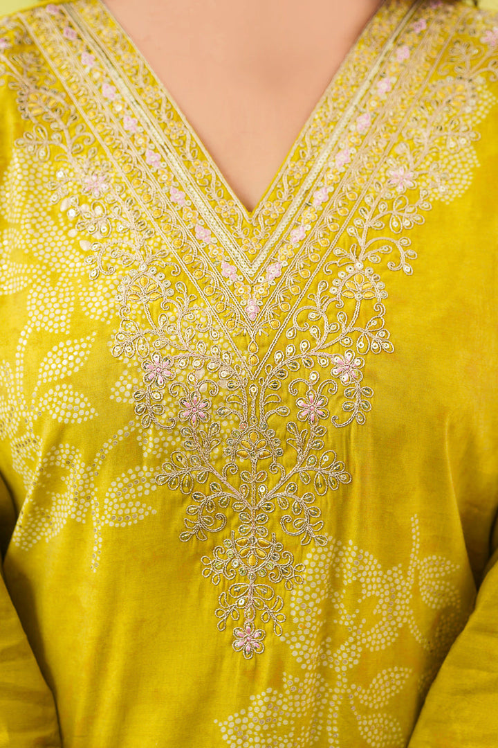 Yellow Poly Chanderi Floral Embroidered Straight Kurta Trousers With Dupatta | SHOBITAM