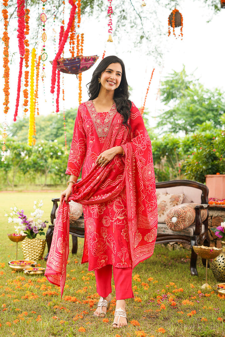 Red Poly Chanderi Floral Printed Straight Kurta Trousers With Dupatta | SHOBITAM