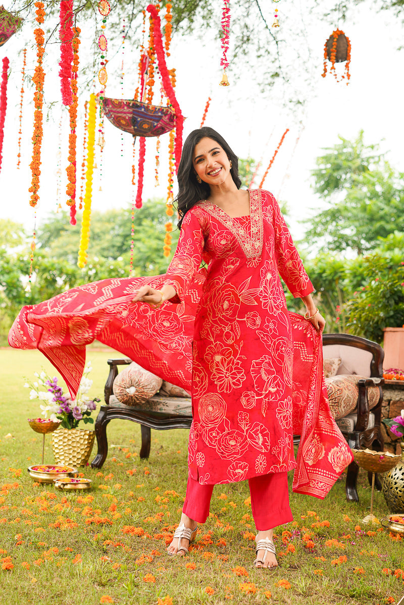 Red Poly Chanderi Floral Printed Straight Kurta Trousers With Dupatta | SHOBITAM