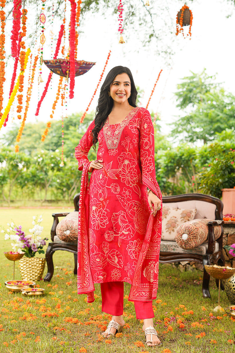 Red Poly Chanderi Floral Printed Straight Kurta Trousers With Dupatta | SHOBITAM