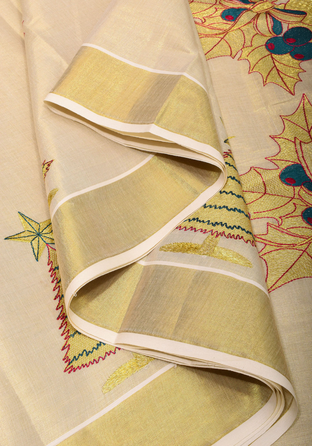 New Year Special Saree : Kerala Tissue Cotton Saree with Bells theme embroidered motifs
