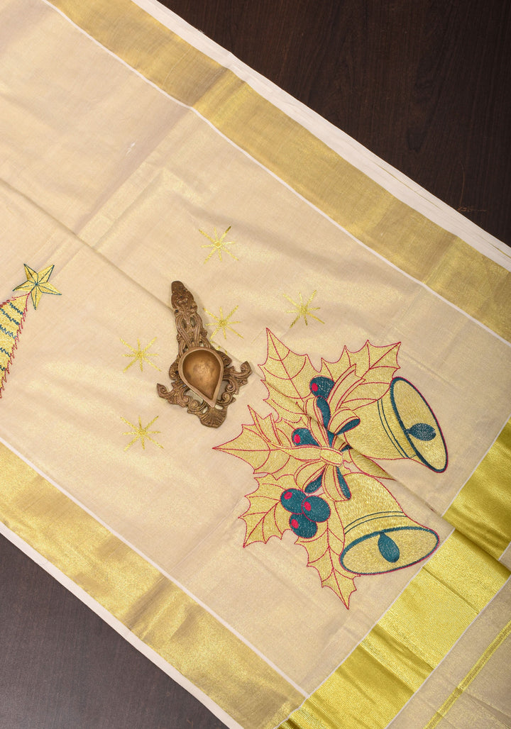 New Year Special Saree : Kerala Tissue Cotton Saree with Bells theme embroidered motifs