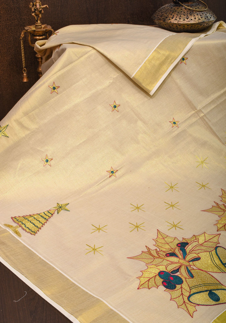 New Year Special Saree : Kerala Tissue Cotton Saree with Bells theme embroidered motifs