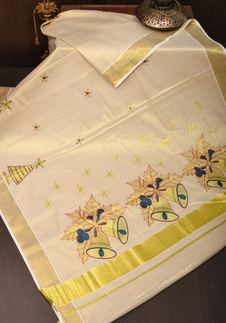 New Year Special Saree : Kerala Tissue Cotton Saree with Bells theme embroidered motifs