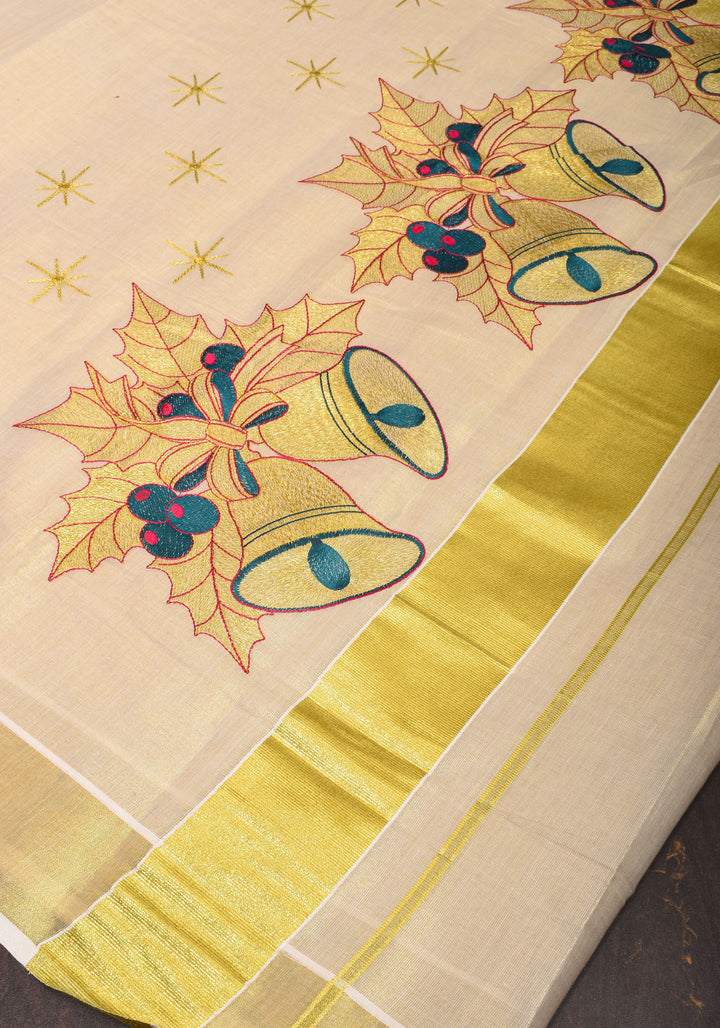 New Year Special Saree : Kerala Tissue Cotton Saree with Bells theme embroidered motifs