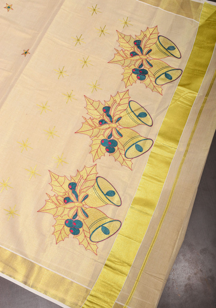 New Year Special Saree : Kerala Tissue Cotton Saree with Bells theme embroidered motifs