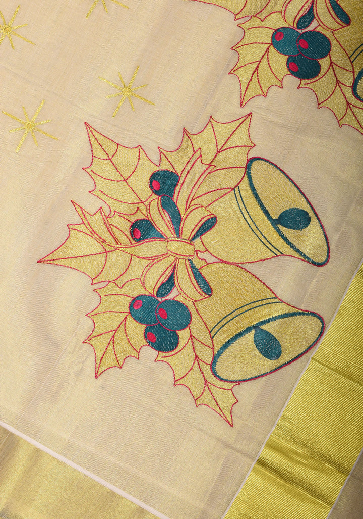 New Year Special Saree : Kerala Tissue Cotton Saree with Bells theme embroidered motifs