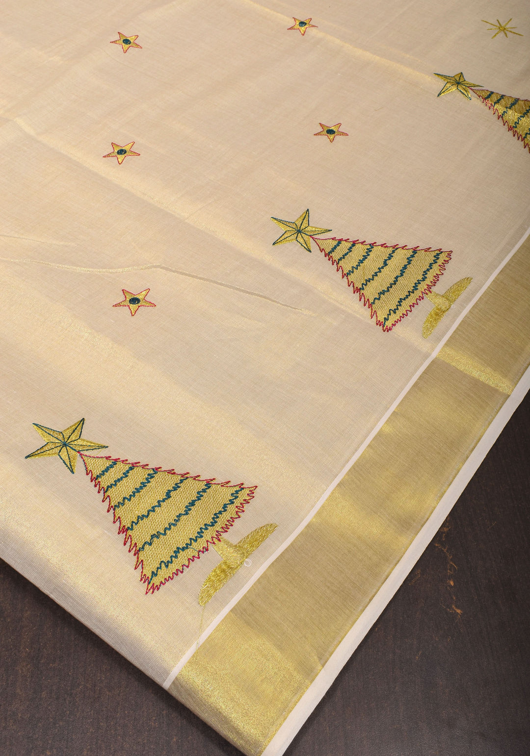 New Year Special Saree : Kerala Tissue Cotton Saree with Bells theme embroidered motifs