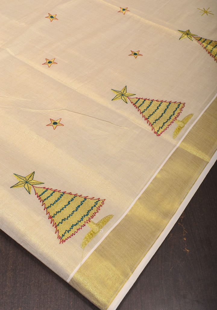 New Year Special Saree : Kerala Tissue Cotton Saree with Bells theme embroidered motifs