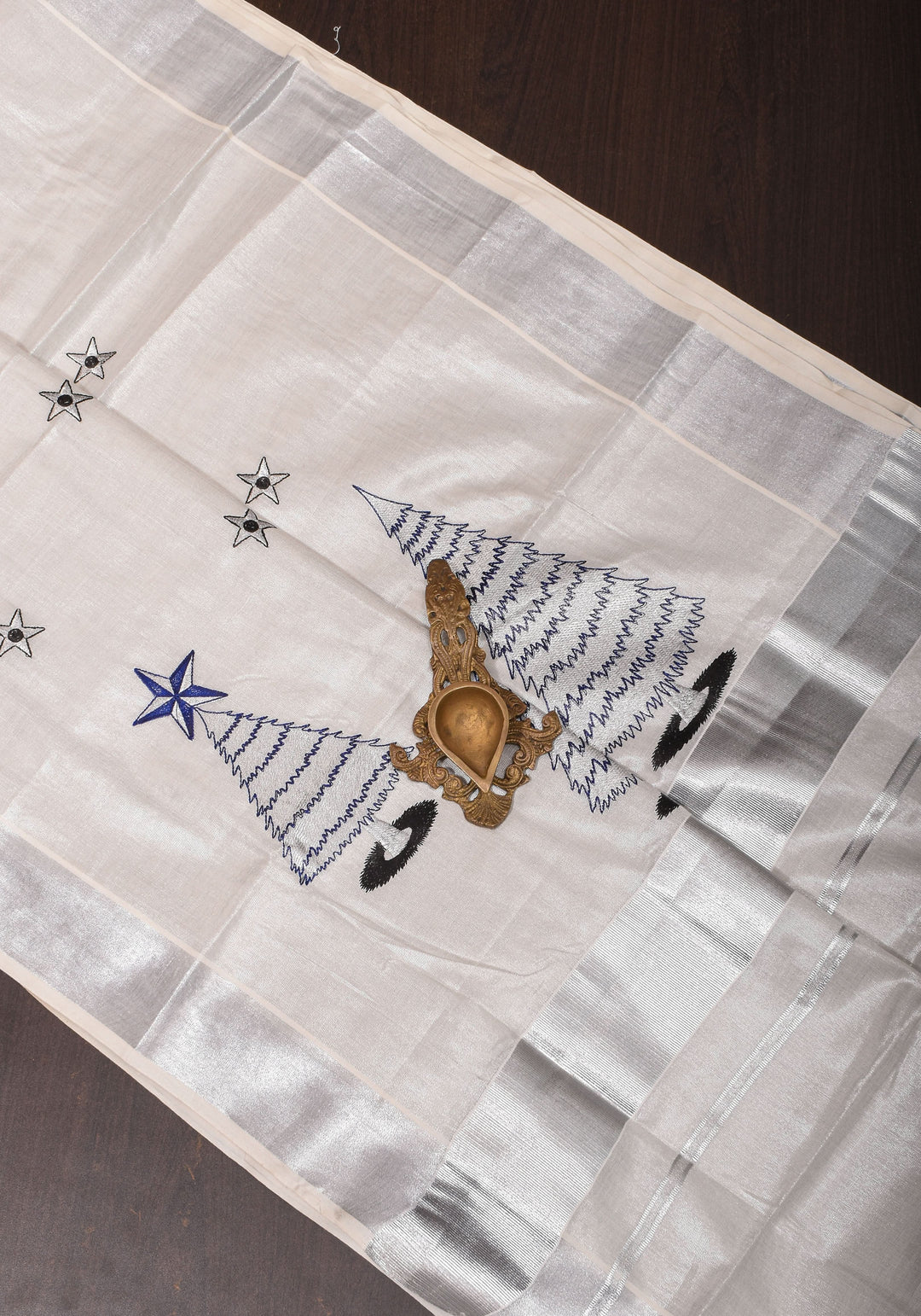 Kerala Tissue Cotton Saree with Xmas tree motifs and Zari border