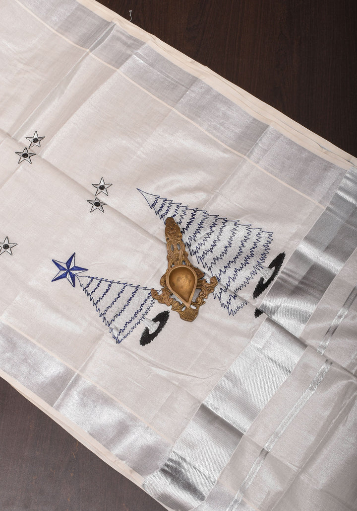Kerala Tissue Cotton Saree with Xmas tree motifs and Zari border
