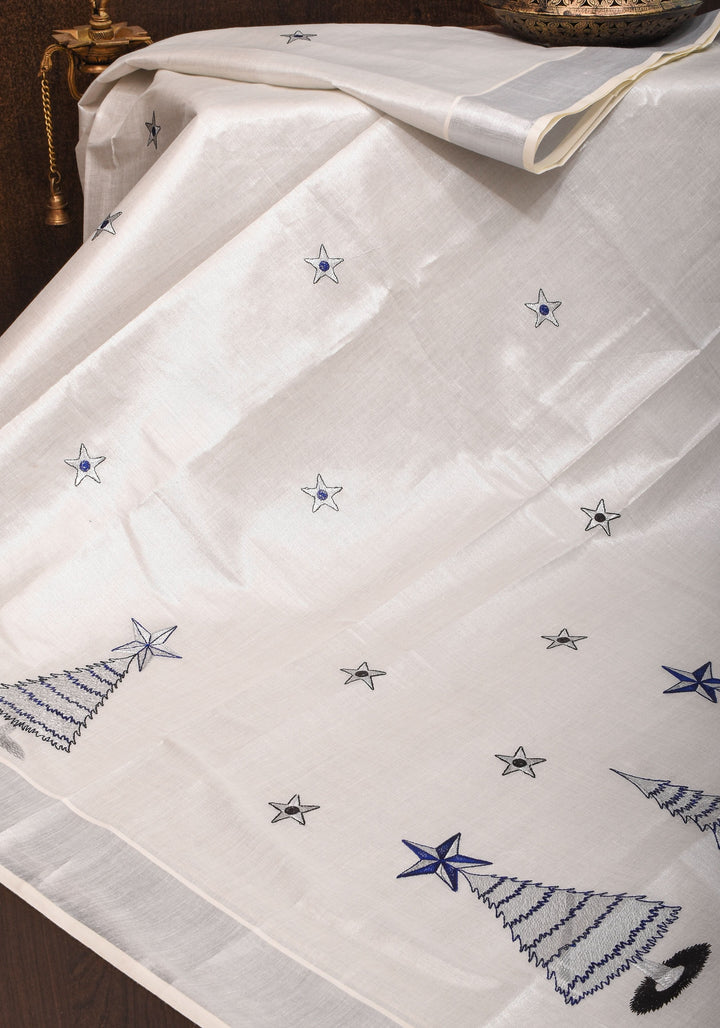 Kerala Tissue Cotton Saree with Xmas tree motifs and Zari border