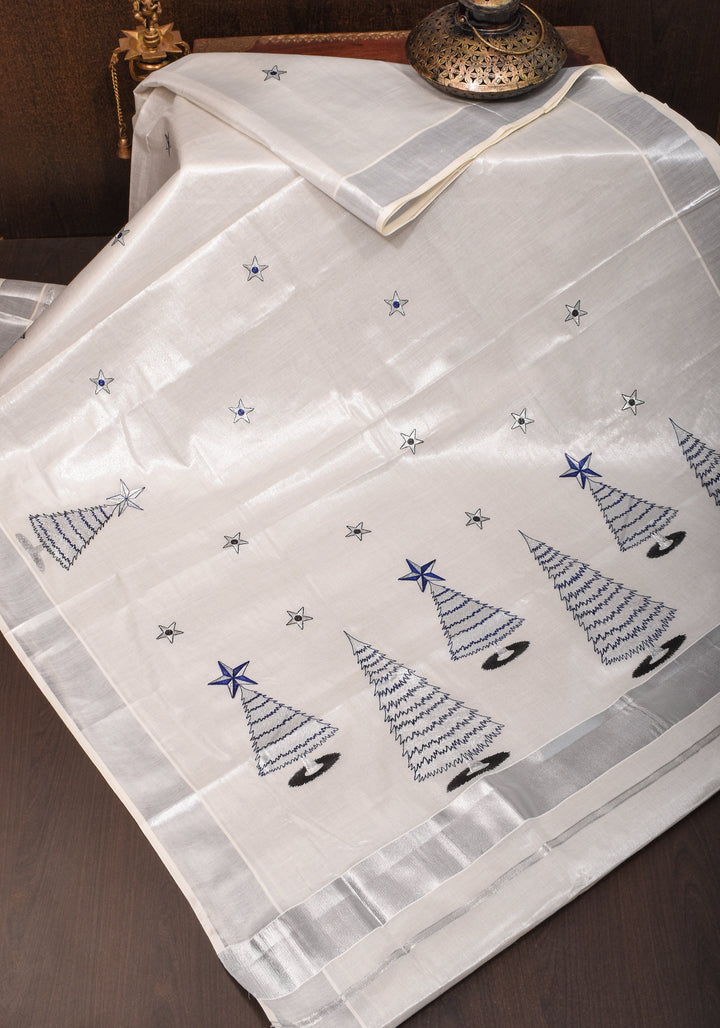 Kerala Tissue Cotton Saree with Xmas tree motifs and Zari border