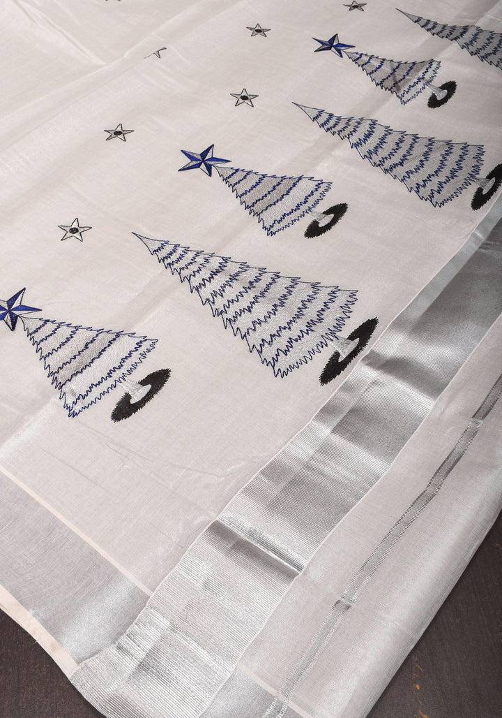Kerala Tissue Cotton Saree with Xmas tree motifs and Zari border