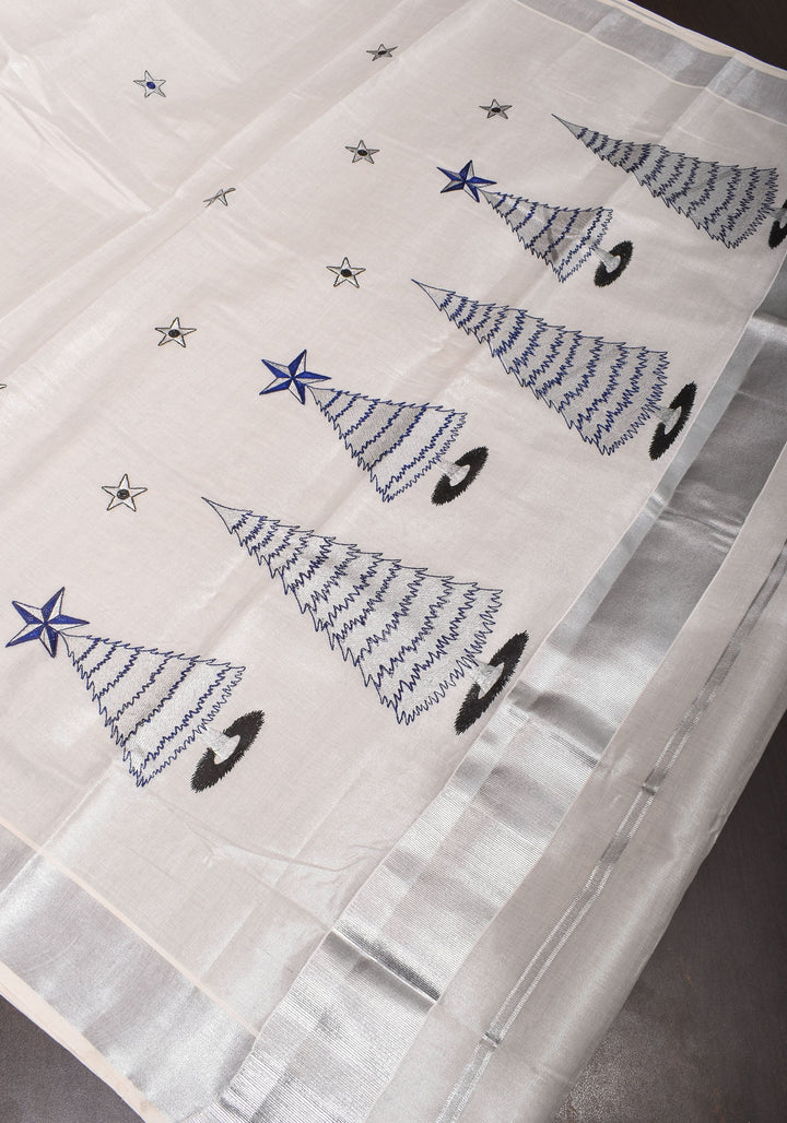 Kerala Tissue Cotton Saree with Xmas tree motifs and Zari border