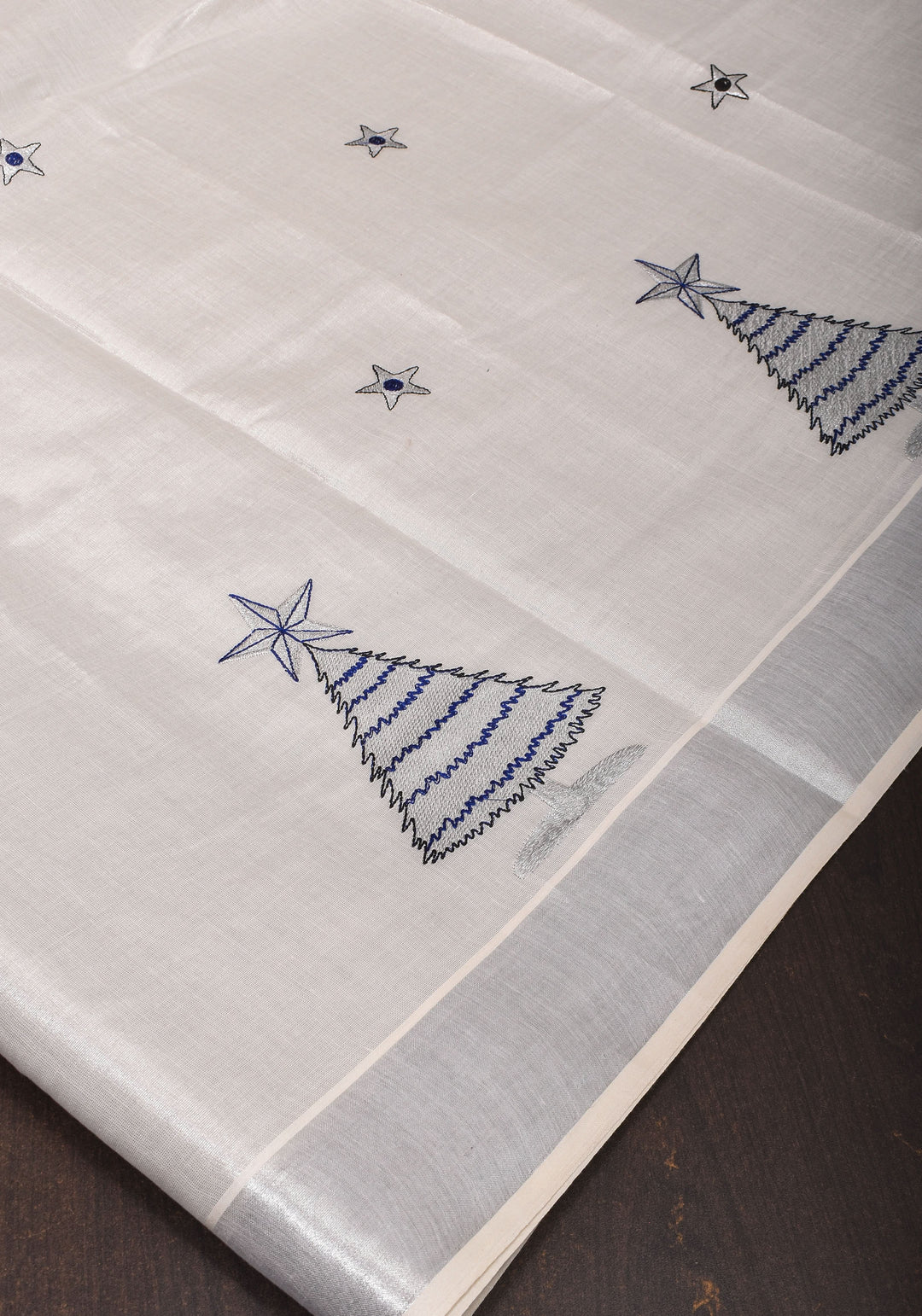 Kerala Tissue Cotton Saree with Xmas tree motifs and Zari border