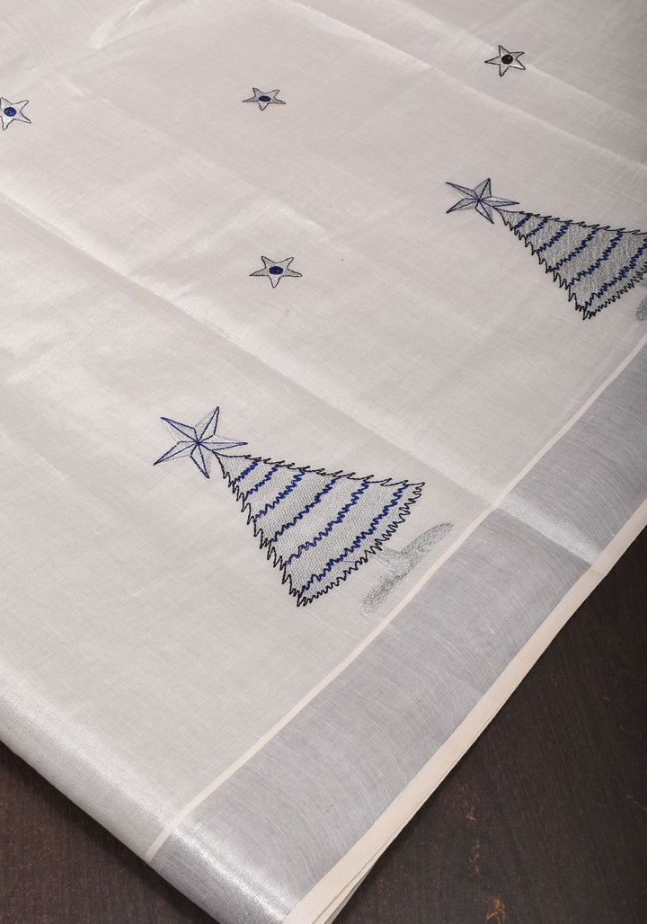 Kerala Tissue Cotton Saree with Xmas tree motifs and Zari border