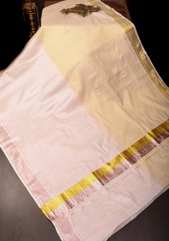 Elegant Kerala Kasavu Half Tissue Saree in White and Gold – A Timeless Classic