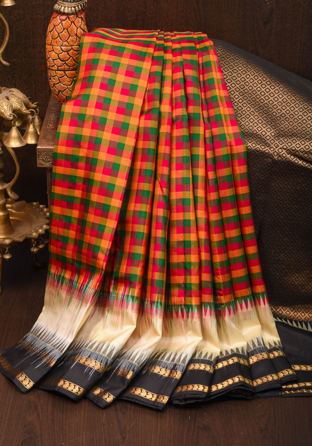 Exquisite Classic Kanjeevaram Multicolor Checks Saree in 9" Border | SILK MARK CERTIFIED