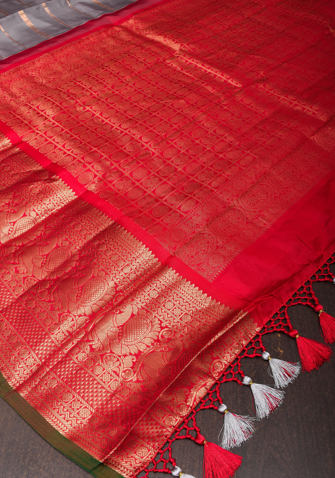 Gray Korvai Kanjivaram Pure Silk Saree with zari Stripes & wide Zari Border  | SILK MARK CERTIFIED
