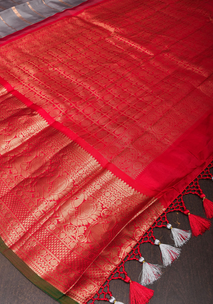 Gray Korvai Kanjivaram Pure Silk Saree with zari Stripes & wide Zari Border  | SILK MARK CERTIFIED
