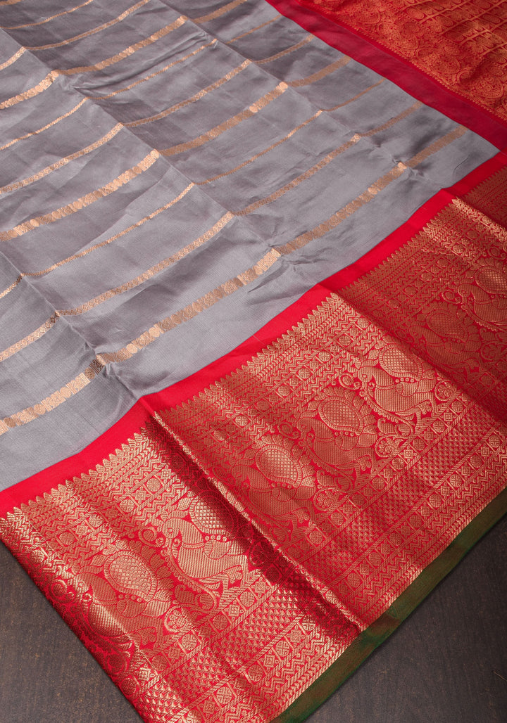 Gray Korvai Kanjivaram Pure Silk Saree with zari Stripes & wide Zari Border  | SILK MARK CERTIFIED