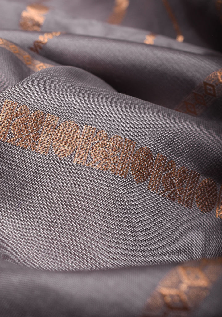 Gray Korvai Kanjivaram Pure Silk Saree with zari Stripes & wide Zari Border  | SILK MARK CERTIFIED