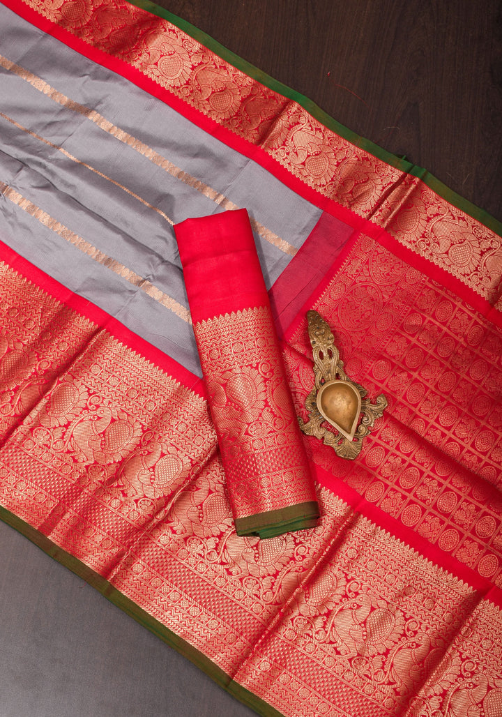 Gray Korvai Kanjivaram Pure Silk Saree with zari Stripes & wide Zari Border  | SILK MARK CERTIFIED