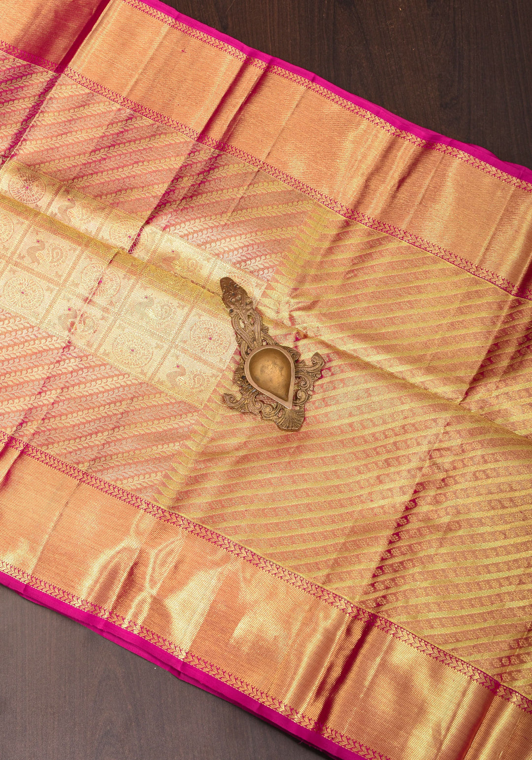 Exquisite Tan Gold Tissue Kanjivaram Pure Silk Saree with Checks Pattern and wide Zari Borde | SILK MARK CERTIFIED