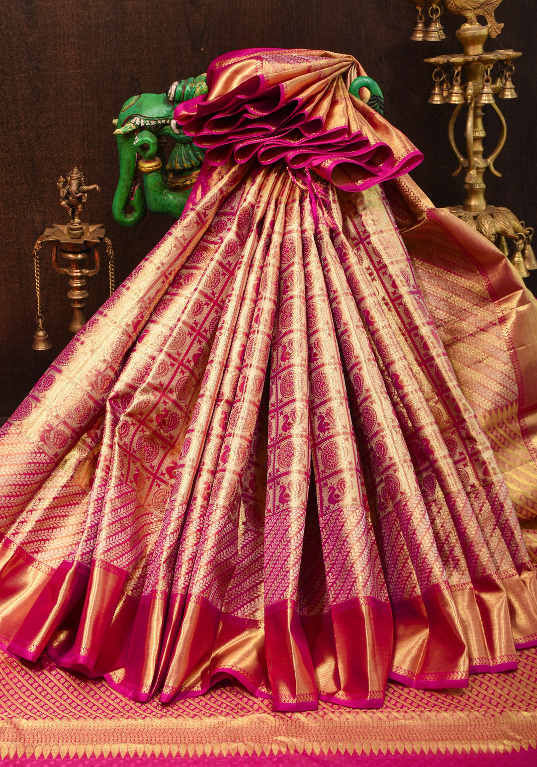 Exquisite Tan Gold Tissue Kanjivaram Pure Silk Saree with Checks Pattern and wide Zari Borde | SILK MARK CERTIFIED