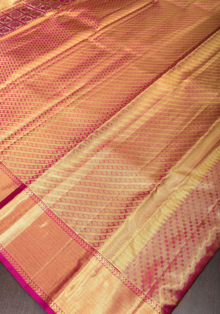 Exquisite Tan Gold Tissue Kanjivaram Pure Silk Saree with Checks Pattern and wide Zari Borde | SILK MARK CERTIFIED