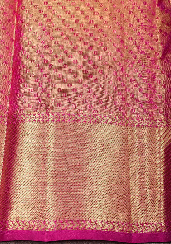 Exquisite Tan Gold Tissue Kanjivaram Pure Silk Saree with Checks Pattern and wide Zari Borde | SILK MARK CERTIFIED