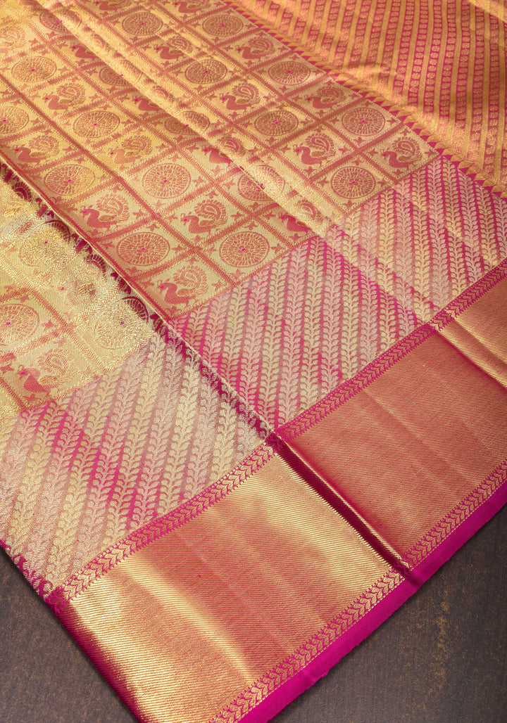 Exquisite Tan Gold Tissue Kanjivaram Pure Silk Saree with Checks Pattern and wide Zari Borde | SILK MARK CERTIFIED