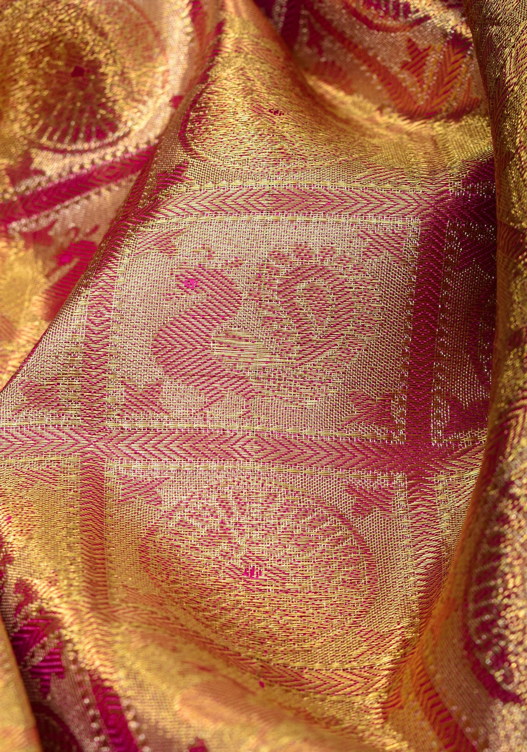 Exquisite Tan Gold Tissue Kanjivaram Pure Silk Saree with Checks Pattern and wide Zari Borde | SILK MARK CERTIFIED