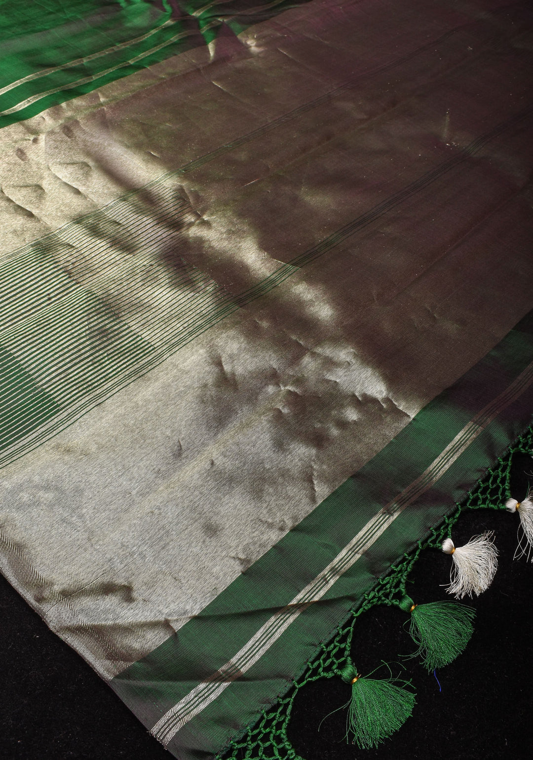 Bottle Green Kanjivaram Pure Silk Saree with silver Zari Temple border | SILK MARK CERTIFIED