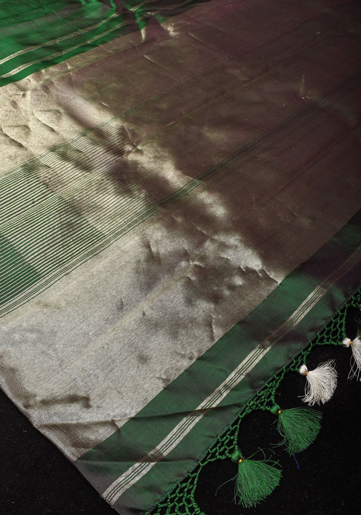 Bottle Green Kanjivaram Pure Silk Saree with silver Zari Temple border | SILK MARK CERTIFIED