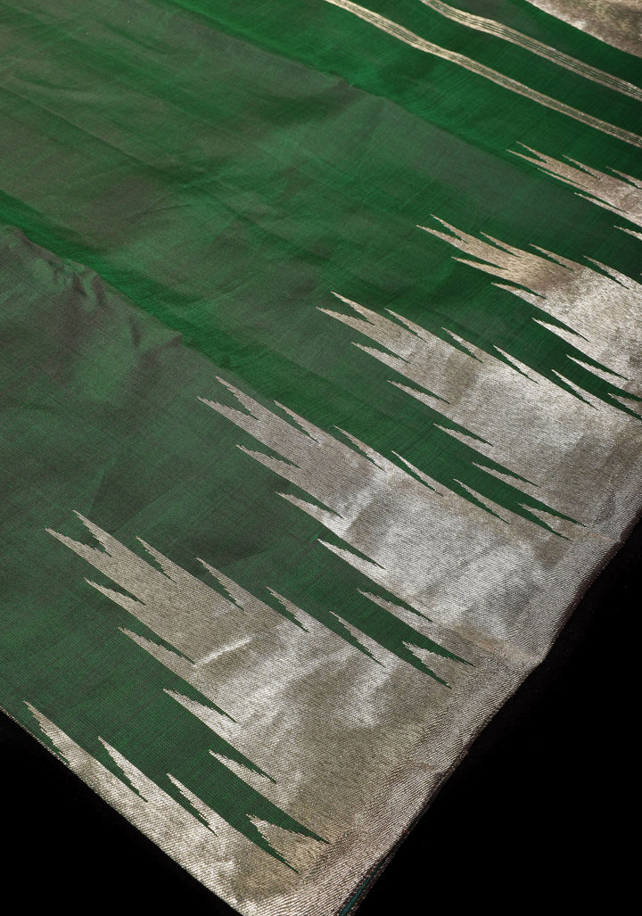 Bottle Green Kanjivaram Pure Silk Saree with silver Zari Temple border | SILK MARK CERTIFIED