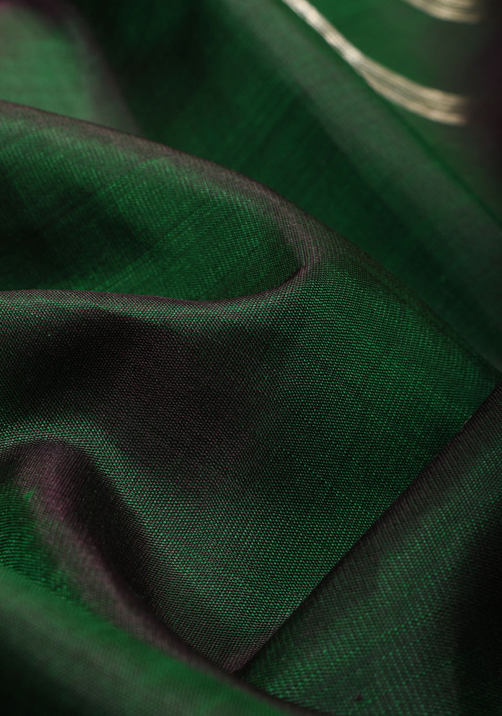 Bottle Green Kanjivaram Pure Silk Saree with silver Zari Temple border | SILK MARK CERTIFIED