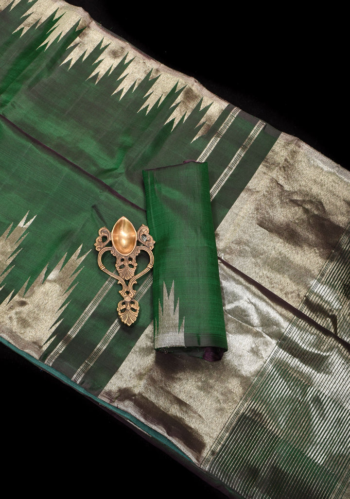 Bottle Green Kanjivaram Pure Silk Saree with silver Zari Temple border | SILK MARK CERTIFIED