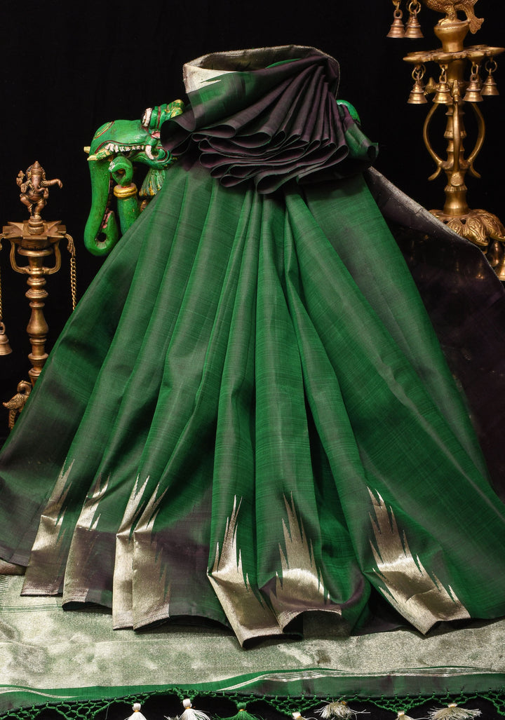 Bottle Green Kanjivaram Pure Silk Saree with silver Zari Temple border | SILK MARK CERTIFIED
