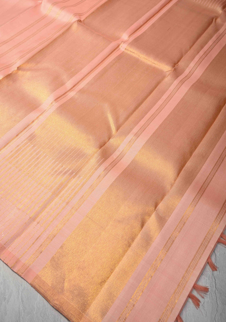 Authentic Kanjivaram Silk Saree in Light Salmon with Multi Color Temple Border with Grand Pallu and Zari  | SILK MARK CERTIFIED
