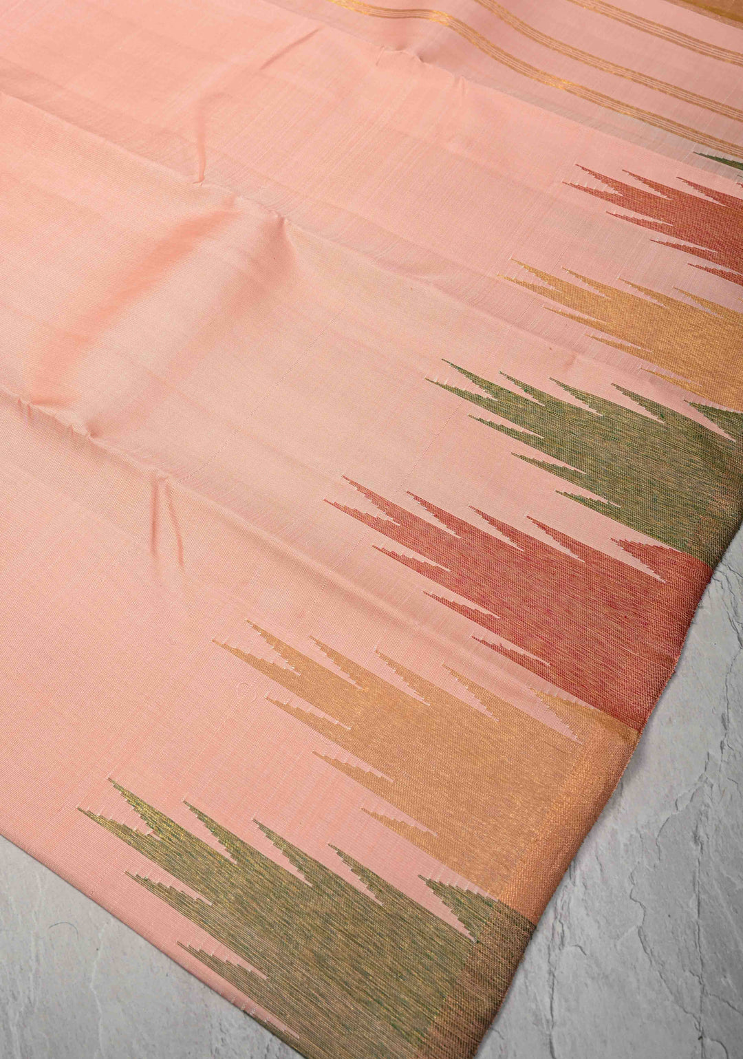 Authentic Kanjivaram Silk Saree in Light Salmon with Multi Color Temple Border with Grand Pallu and Zari  | SILK MARK CERTIFIED